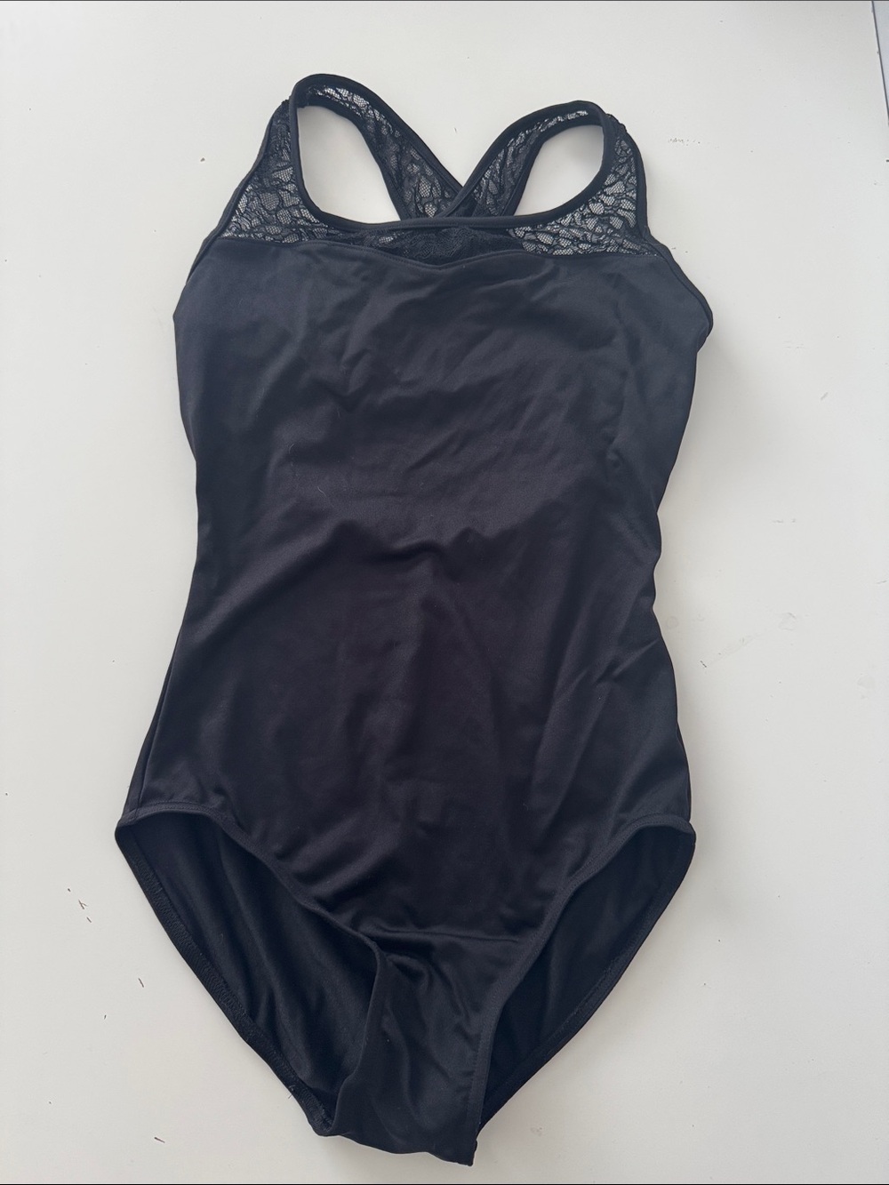 Mirella Black Lace-Accent leotard. Crisscross back. Size small
